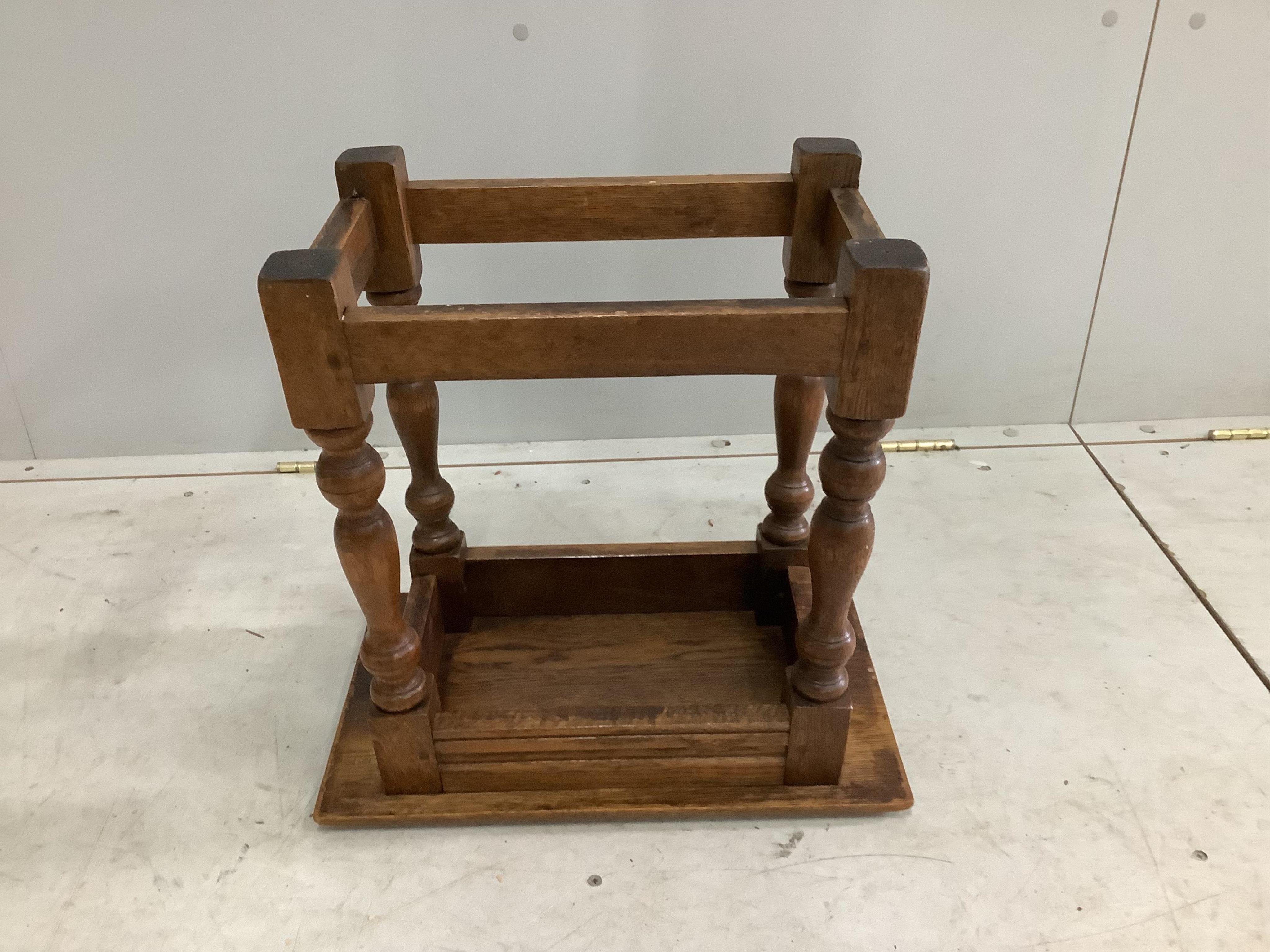 An 18th century style oak joint stool, width 44cm, depth 27cm, height 44cm. Condition - fair